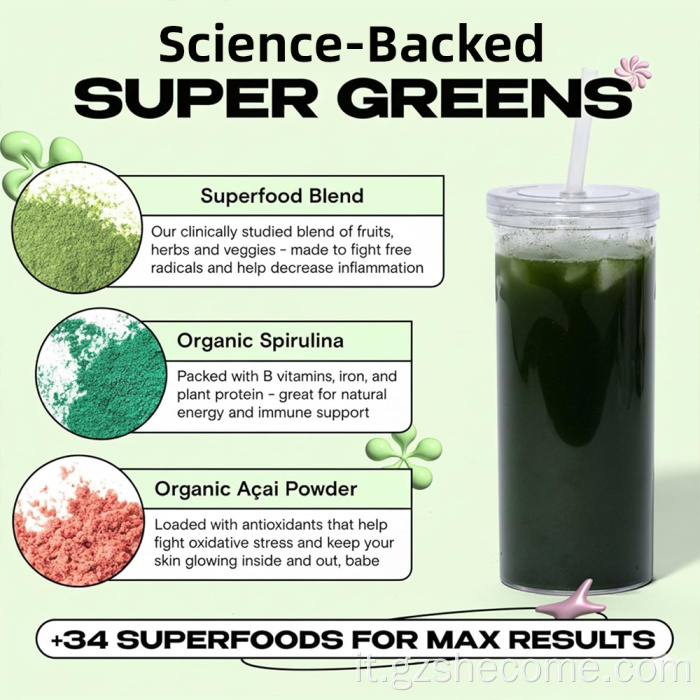 La polvere organica di Shecome Greens supporta la digestione e la salute dell'intestino